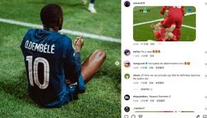 有心了登贝莱赛后社媒晒出自己模仿若塔庆祝姿势，并配以♥️